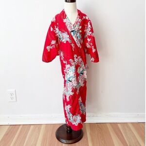 Vintage Kids Yukata Kimono Red Floral Print 100% Cotton 35 Inch Length